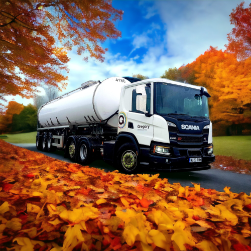 Gregory milk tanker among Autumn leaves.