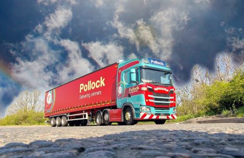 Pollock truck with sky backdrop.