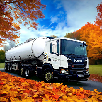 Gregory milk tanker in autumn leaves.